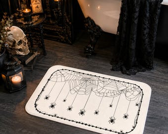 Spiderweb Bath Mat, Halloween Bathroom Rug, Gothic Black and Cream Spider Decor