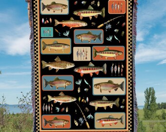 Fishing Woven Blanket, Trout Cabin Throw Blanket, Fly Fishing Decor, Lake House Decor