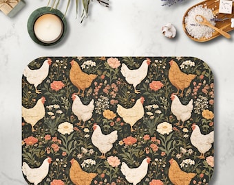 Chicken Bath Mat, Cottagecore Farmhouse Rug, Country Farm Decor, Hens and Flowers Bathroom Accent