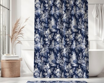 Navy Blue Toile Bathroom Set | Shower Curtain & Bath Mat | French Country Bathroom Decor | Grandmillennial Bathroom