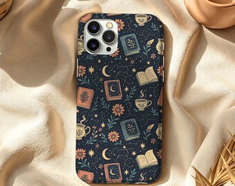 Dark Academia Bookish Phone Case, Celestial Moons, Stars, Tea Lover (Polycarbonate TPU)