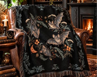 Gothic Bat Woven Blanket, Vintage Halloween Throw, Dark Botanical Blanket, Witchy Home Decor