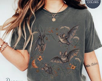 Botanical Bat Tee, Vintage Bat Shirt, Gothic Halloween T Shirt, Witchy Dark Cottagecore Shirt