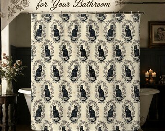 Vintage Black Cat Shower Curtain, Victorian Gothic Bathroom Decor, Witchy Floral Shower Curtain