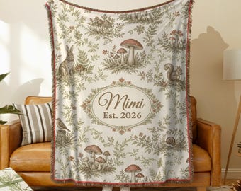 Personalized Woven Blanket, Woodland Mushroom Toile Throw, Cottagecore Decor, Custom Name