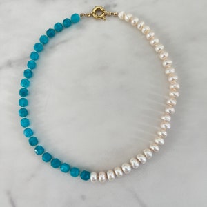 Hand Knotted Pearl & Blue Apatite Necklace: Gold Filled Clasp, 17.5&quot;