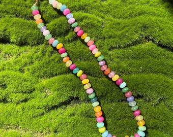 Rainbow Multicolor Jade Gemstone Hand Knotted Bead Necklace, 14K Gold filled Mariners Clasp