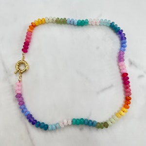 Rainbow Ombre Jade Gemstone Hand Knotted Bead Necklace, 14K Gold filled Mariners Clasp