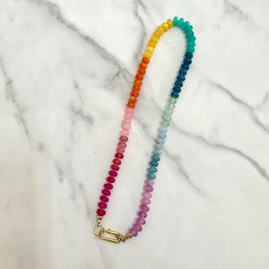 Rainbow Gemstone Silk Knotted Necklace Gold Filled Carabiner Clasp Charm Holder