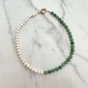 Freshwater Pearl & Green Aventurine Gemstone Hand Knotted Necklace Gold Filled Clasp