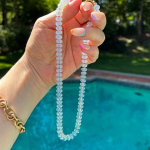 Hand Knotted Opalite Bead Necklace: Rainbow Silk Thread, 14K Gold Filled