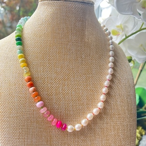 Freshwater Pearl & Rainbow Gemstone Necklace, Hand Knotted, Opals Jade Agate, Multicolor Hand Dyed Silk Cord, Gold Filled Clasp, Handmade