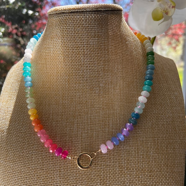Rainbow Ombre Jade Gemstone Bead Necklace | Candy Necklace 14K Gold filled Carabiner Lock