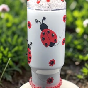 40oz Lady Bug Tumbler, Jeweled, Designer Lid.. Charm  and Tumbler Boot Included. One of a kind.. Free Shipping.
