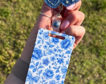 Blue Floral Coquette Badge Buddy and Reel Set, Nurse Accessory
