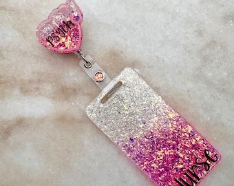 Ombre Hot Pink Glitter Badge Buddy with RN Reel, Customizable Sparkle ID Holder