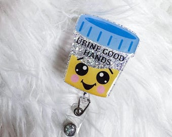 Urine Sample Badge Reel, Glitter Specimen Cup ID Holder, Lab Tech Nurse Humor Clip