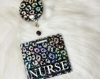 Holographic Black Leopard Badge Buddy Set, Customizable Sparkle Glitter Badge Buddy, Badge Reel Nurse RN, Badge Reel, RN Badge Buddy