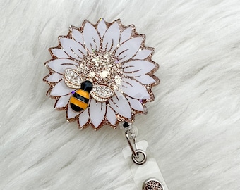 Sunflower Badge Reel, Bumble Bee Badge Reel, Gold and White Sunflower Badge Reel, Nurse Badge Reel, CNA Badge Reel