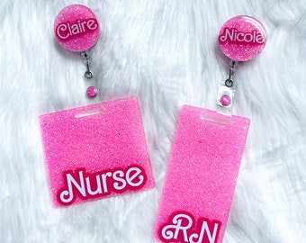 Barbie Hot Pink Badge Buddy Set, Customizable Sparkle Glitter Badge Buddy, Badge Reel Nurse RN, Badge Reel, RN Badge Buddy