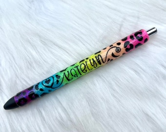 Rainbow Leopard Glitter Pen | Inkjoy Refillable Personalized Glitter Pen | Custom Glitter Pen | Leopard Glitter Pen | Ombre Glitter Pen