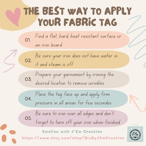 Puede incluir: Gr&aacute;fico en colores pastel con instrucciones sobre c&oacute;mo aplicar una etiqueta de tela. El texto dice: Encuentra una superficie plana, dura y resistente al calor o una tabla de planchar. Aseg&uacute;rate de que tu plancha no tenga agua y que el vapor est&eacute; apagado.