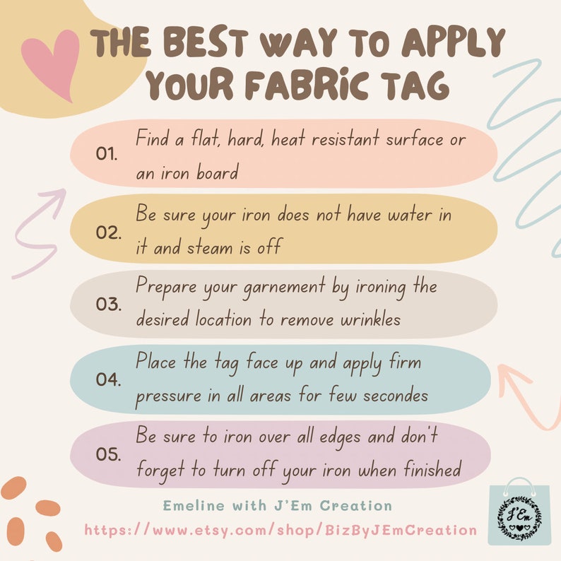 Puede incluir: Gr&aacute;fico en colores pastel con instrucciones sobre c&oacute;mo aplicar una etiqueta de tela. El texto dice: Encuentra una superficie plana, dura y resistente al calor o una tabla de planchar. Aseg&uacute;rate de que tu plancha no tenga agua y que el vapor est&eacute; apagado.