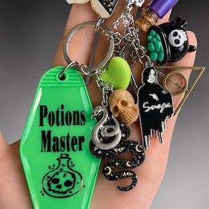 May include: A green motel-style keychain with the text Potions Master and a skull-in-bottle graphic. Attached are charms including an open book with text, a purple vial, a black cauldron, a skull, a snake, and a figure labeled Snape.