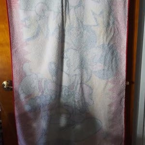 May include: A white bath towel with a red border. The towel has a cartoon image of a family of bears in a light blue, pink, and yellow color scheme.