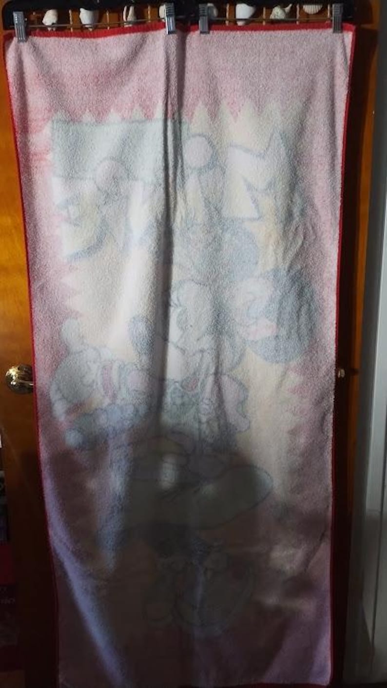May include: A white bath towel with a red border. The towel has a cartoon image of a family of bears in a light blue, pink, and yellow color scheme.