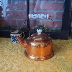 1970s Vintage Copper Tea Pot w/ Hand Painted Porcelain Handle & Knob..