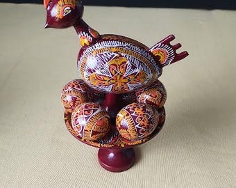 Ukrainian Wooden Chicken w/ 5 Eggs on Nest Hand Painted Pysanky Easter Eggs