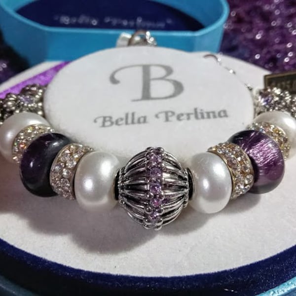 Bella Perlina}  Purple ~ Lavender Crystal & Italian Retro Glam Aesthetic Glass Bead Charm Bracelet