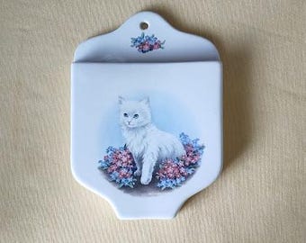 1990s Vintage Wall Pocket Playful White Kitten in a Patch of Flowers