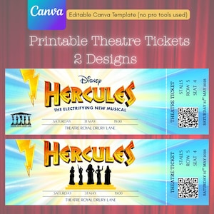Pode incluir: Dois bilhetes de teatro imprimíveis para o musical Hércules da Disney. Os bilhetes apresentam um design azul e amarelo com o logótipo do espetáculo, a data, a hora e o local.