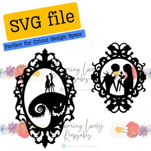 May include: Black SVG file featuring two framed silhouettes. One shows a couple on a hill with a spiral design, the other shows a couple holding a rose. The text "SVG file" is in yellow, and "Perfect for Cricut design Space" is in blue.
