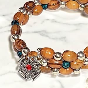 Jerusalem Cross Charm Wire Coil Wrap Bracelet with Olive Wood and Color Crystal Beads - Symbolic Christian Bracelet from the Holy Land