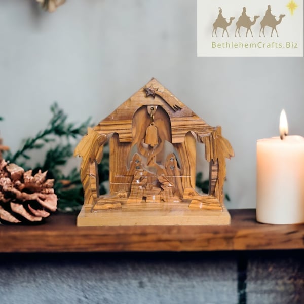 Olive Wood Nativity Scene Decoration with Wooden Bell, Small Nativity Set from Bethlehem, Handmade Christmas Gift from the Holy Land