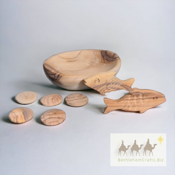 Olive Wood 2 Fish and 5 Loaves Toy, Loaves and Fish in Small Olive Wood Bowl, Handmade Gift from Holy Land