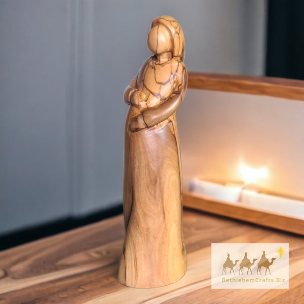Mother Mary Figurine from Holy Land, Olive Wood Pregnant Mary Figurine, Blessed Mother with Child Statue, Gift for Mom to Be