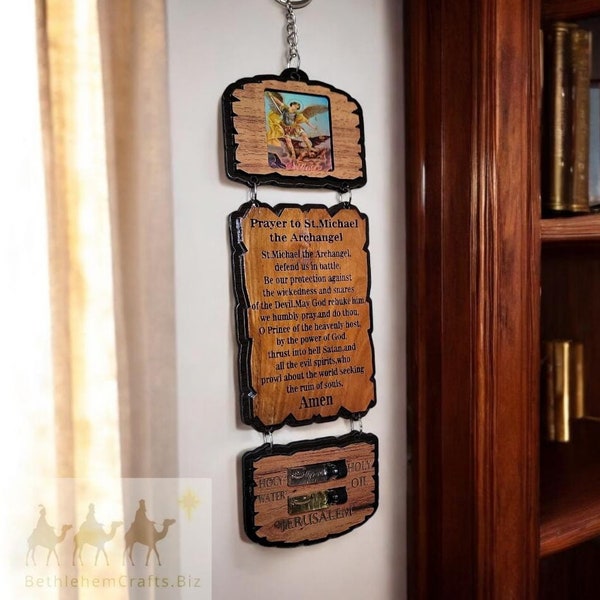 Prayer to Saint Michael Olive Wood Wall Hanging w Angel Icon - English / Spanish