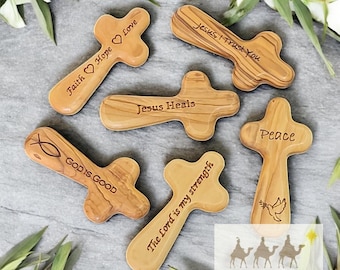 Custom Engraved 3.5" Bethlehem Olive Wood Palm Crosses - Small Personalized Christian Pocket Cross Gift