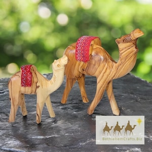 Camel Figurine for Nativity Set - Handmade Olive Wood Camels with Red Blanket for Christmas Nativity Scene Display from the Holy Land