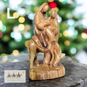 Modern Flight to Egypt Olive Wood Statue - Minimalist Olive Wood Carving of the Holy Family on a Donkey for Christmas Decor