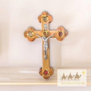 Handcrafted Olive Wood Wall Crucifix with Holy Land Relics - Budded Cross - Catholic Wall Cross for Christian Home Decor