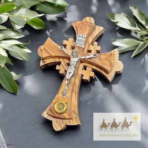 Jerusalem Cross Crucifix with Incense - Handmade Olive Wood Wall Hanging Cross or Ornament from the Holy Land for Catholic Home Decor