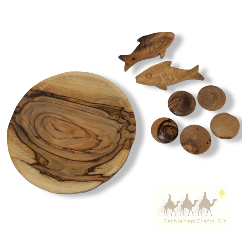 Olive Wood 2 Fish and 5 Loaves Toy, Loaves and Fish in Small Olive Wood