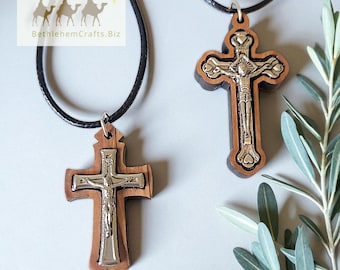 Holy Land Crucifix Necklace on Black Cord - Latin or Budded Cross Pendant