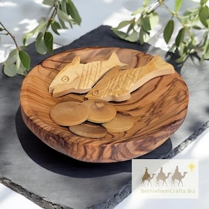 Olive Wood 2 Fish and 5 Loaves Bible Toy, Loaves and Fishes in Small Olive Wood Bowl, Handmade Gift from Holy Land