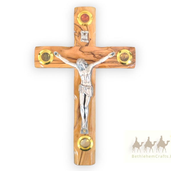 Olive Wood Crucifix for Wall with Relics from Holy Land, Wall Hanging Crucifix Latin Cross, Jesus on the Cross, Religious Cross Gifts